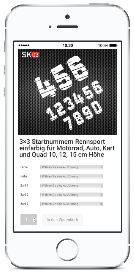 startnummern konfigurator Rennsport Zahlen in der Ansicht auf einem Mobiltelefon
